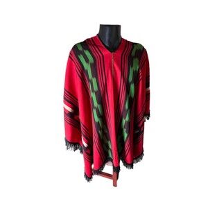 Vintage Mens Poncho Red Black & Green Tassels 51x67 Inches Wool Blend